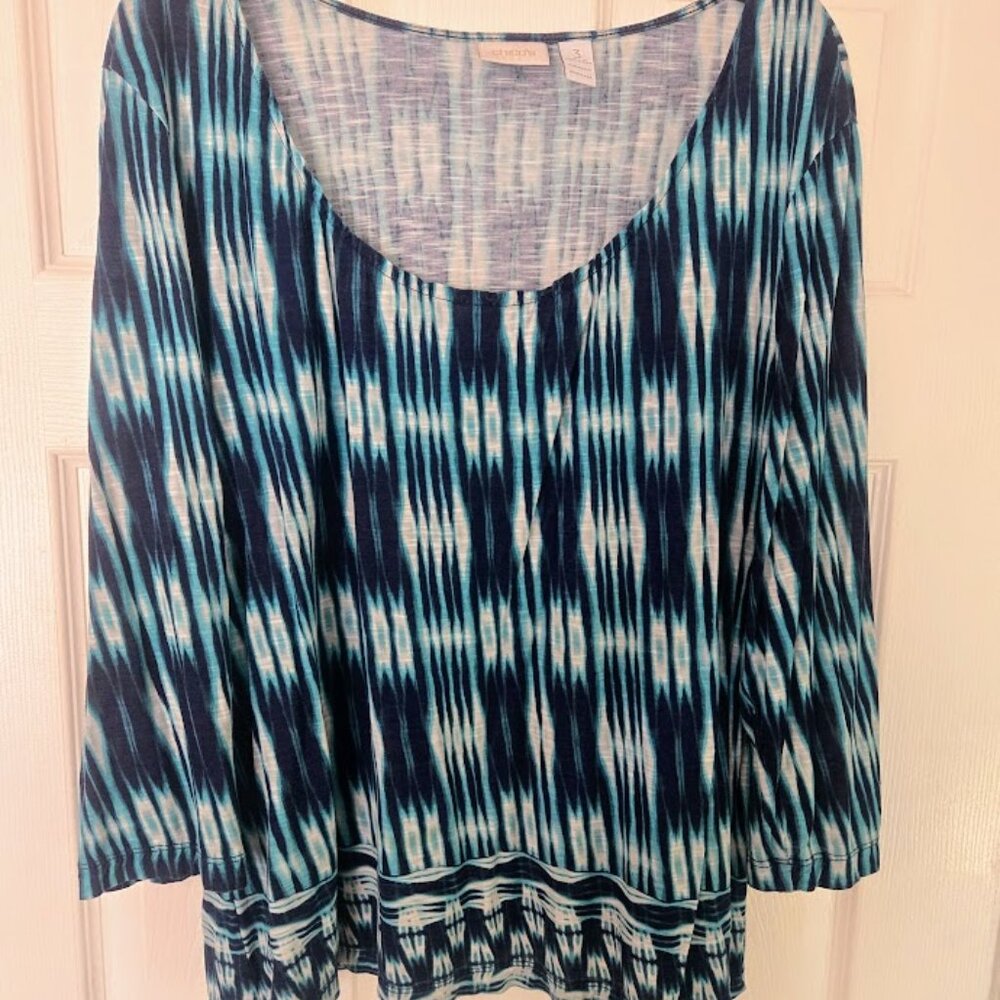 Chico's blue 3/4 sleeve top abstract design Size 3/XL‎